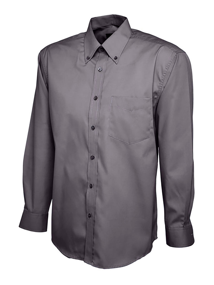 Uneek Clothing UC701 Mens Pinpoint Oxford Full Sleeve Shirt long sleeve in charcoal with collar and front with charcoal buttons, pocket on left chest .