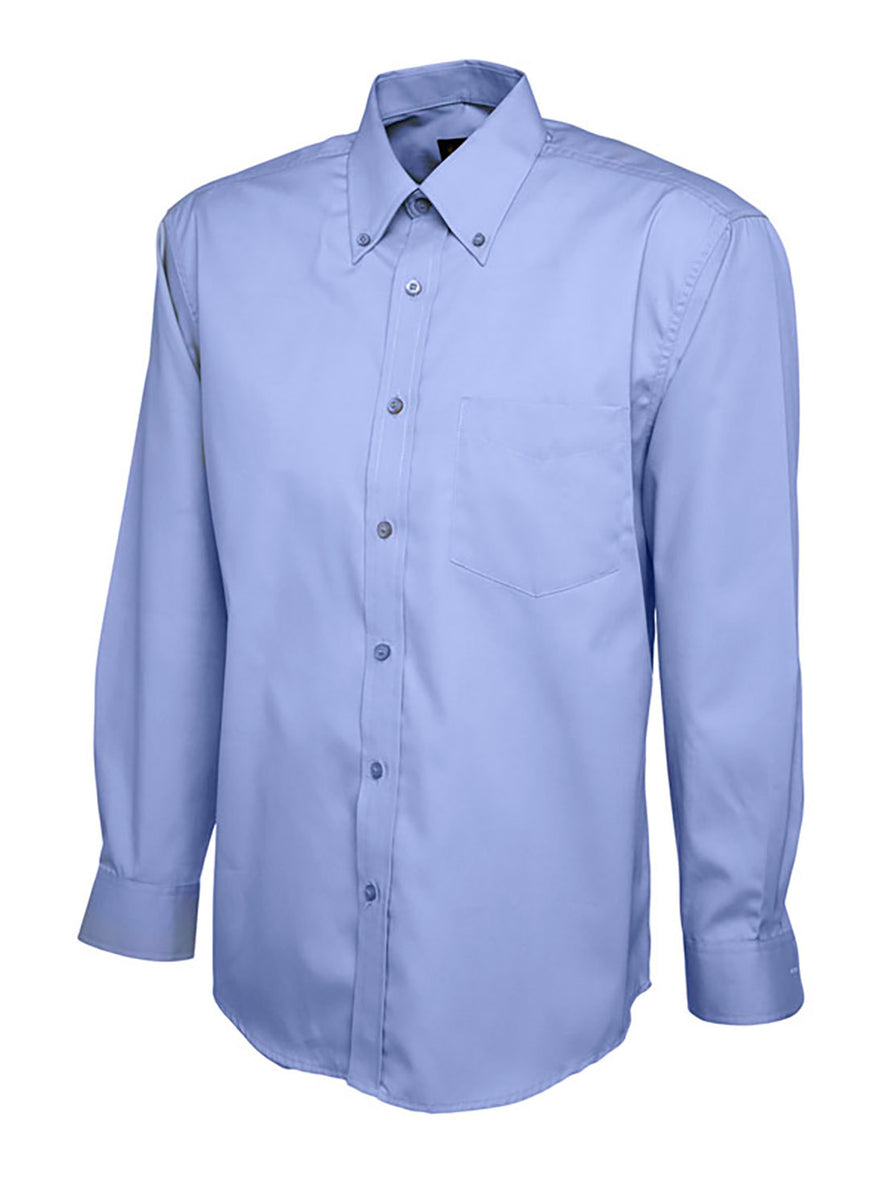 Uneek Clothing UC701 Mens Pinpoint Oxford Full Sleeve Shirt long sleeve in mid blue with collar and front with mid blue buttons, pocket on left chest .