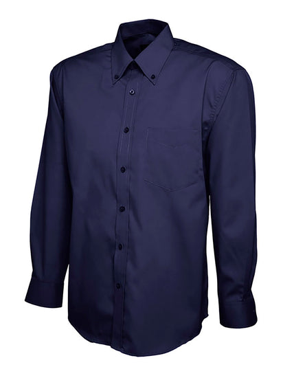 Uneek Clothing UC701 Mens Pinpoint Oxford Full Sleeve Shirt long sleeve in navy with collar and front with navy buttons, pocket on left chest .