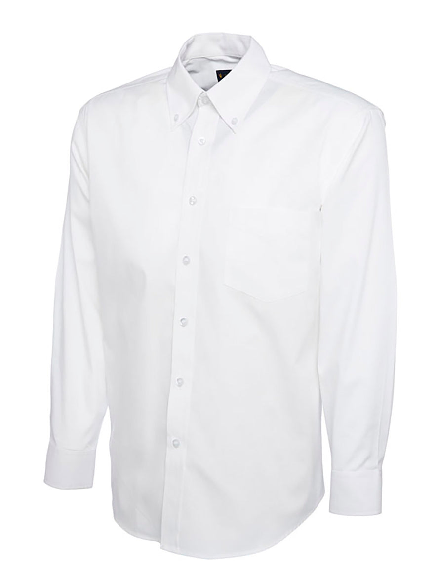 Uneek Clothing UC701 Mens Pinpoint Oxford Full Sleeve Shirt long sleeve in white with collar and front with white buttons, pocket on left chest .