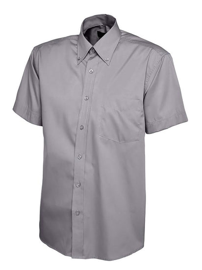 Uneek Clothing UC702 Mens Pinpoint Oxford Half Sleeve Shirt in charcoal with charcoal buttons, pocket on left chest and collar with charcoal buttons.