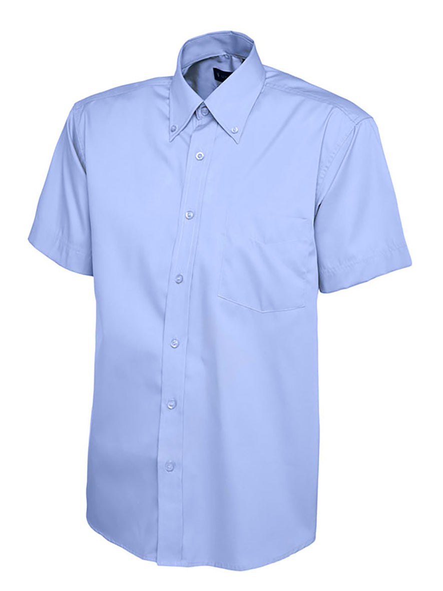 Uneek Clothing UC702 Mens Pinpoint Oxford Half Sleeve Shirt in mid blue with mid blue buttons, pocket on left chest and collar with mid blue buttons.