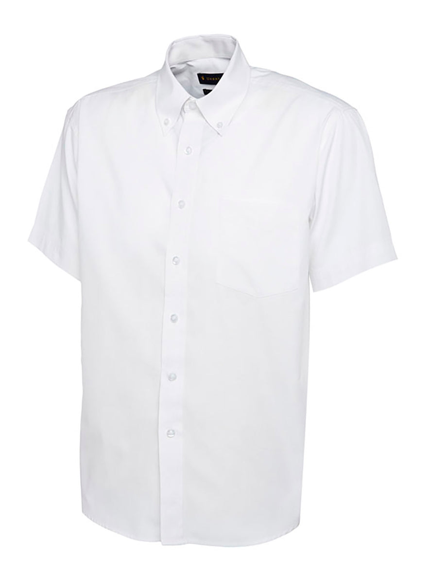 Uneek Clothing UC702 Mens Pinpoint Oxford Half Sleeve Shirt in white with white buttons, pocket on left chest and collar with white buttons.