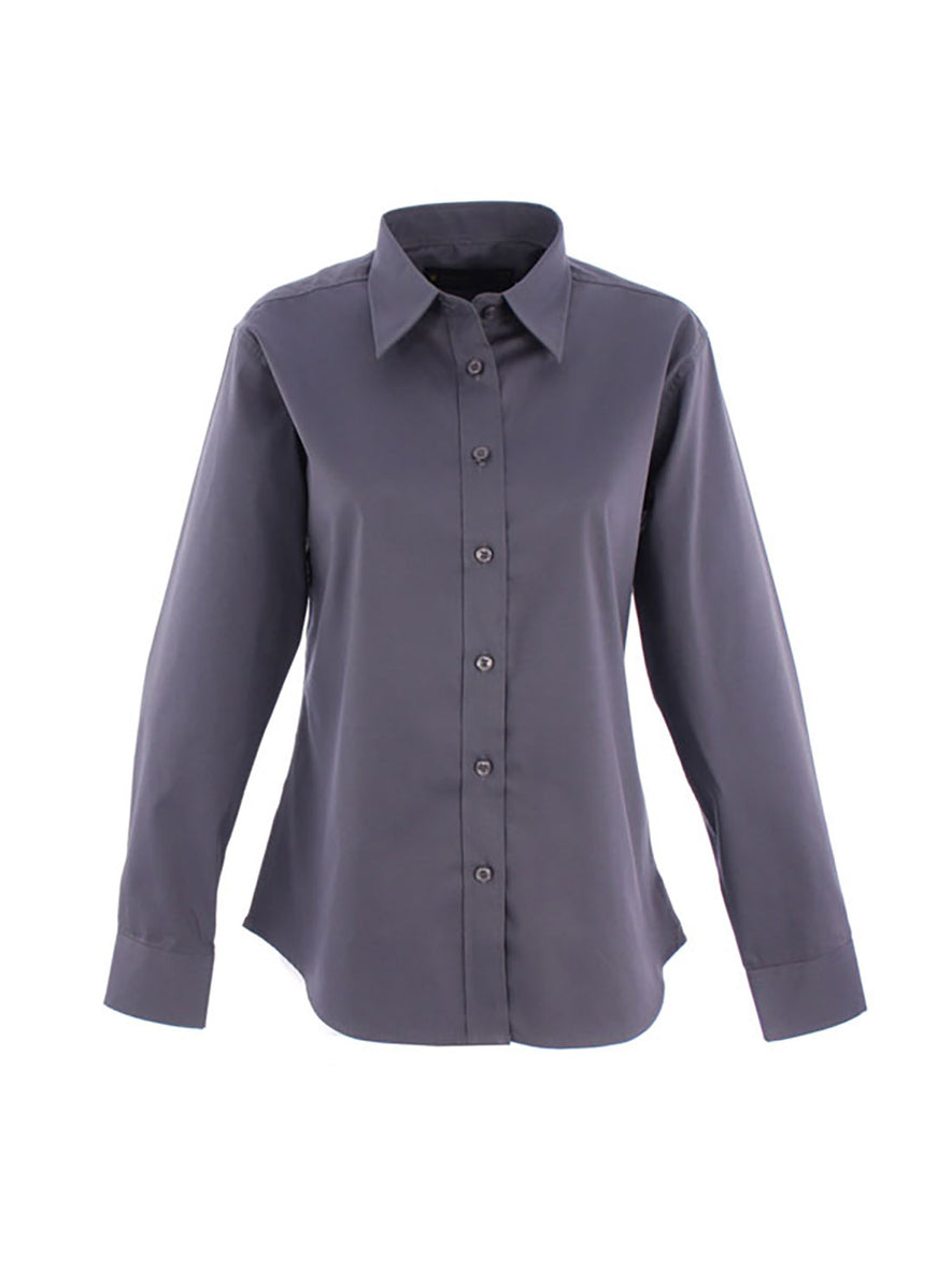 Uneek Clothing UC703 Ladies Pinpoint Oxford Full Sleeve Shirt long sleeve in charcoal with collar and charcoal buttons .