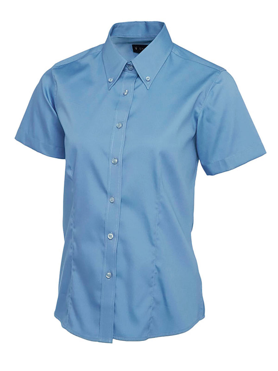 Uneek Clothing UC704 Ladies Pinpoint Oxford Half Sleeve Shirt in mid blue with mid blue buttons and collar with mid blue buttons.