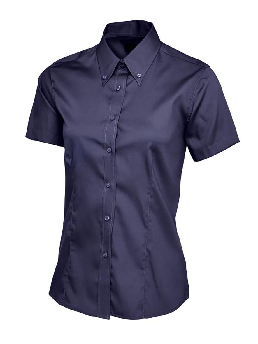 Uneek Clothing UC704 Ladies Pinpoint Oxford Half Sleeve Shirt in navy with navy buttons and collar with navy buttons.