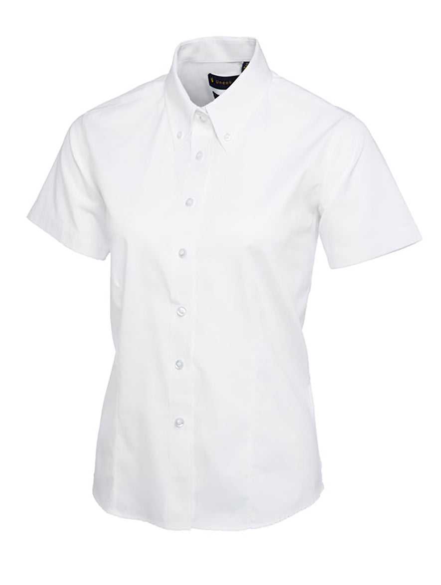 Uneek Clothing UC704 Ladies Pinpoint Oxford Half Sleeve Shirt in white with white buttons and collar with white buttons.