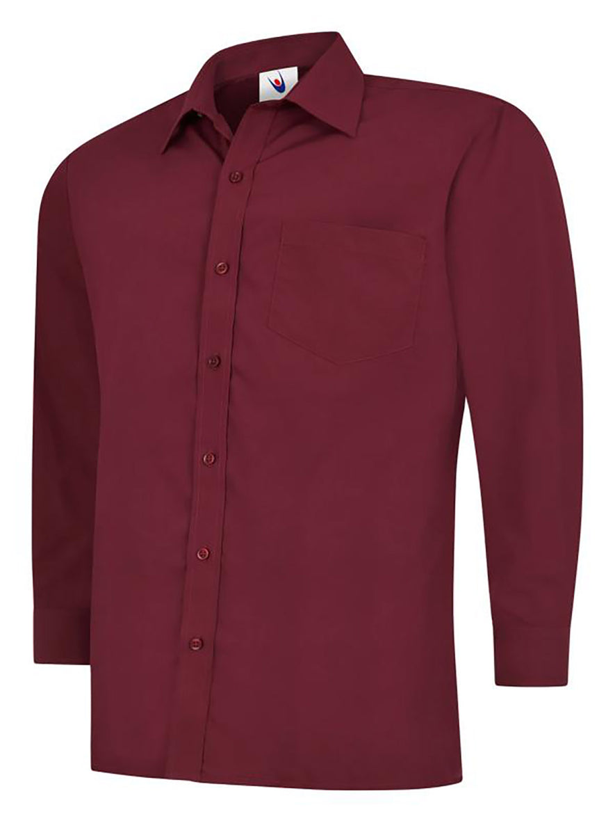 Uneek Clothing UC709 - Mens Poplin Full Long Sleeve Shirt in burgundy with collar, pocket on left chest and burgundy buttons down front.