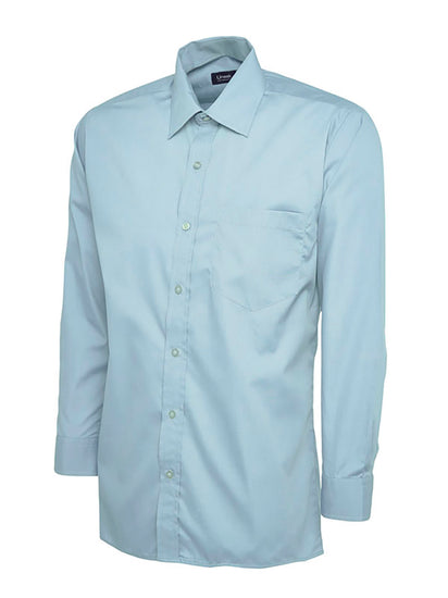 Uneek Clothing UC709 - Mens Poplin Full Long Sleeve Shirt in light blue with collar, pocket on left chest and light blue buttons down front.