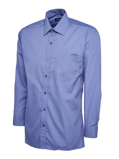 Uneek Clothing UC709 - Mens Poplin Full Long Sleeve Shirt in mid blue with collar, pocket on left chest and mid blue buttons down front.