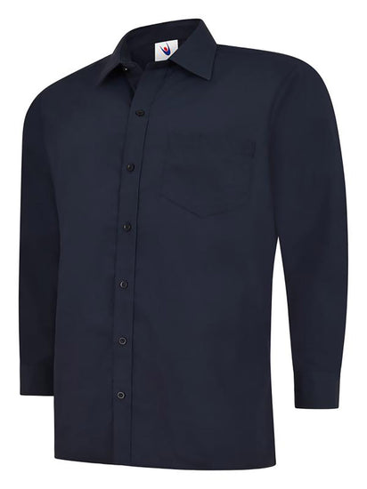 Uneek Clothing UC709 - Mens Poplin Full Long Sleeve Shirt in navy with collar, pocket on left chest and navy buttons down front.