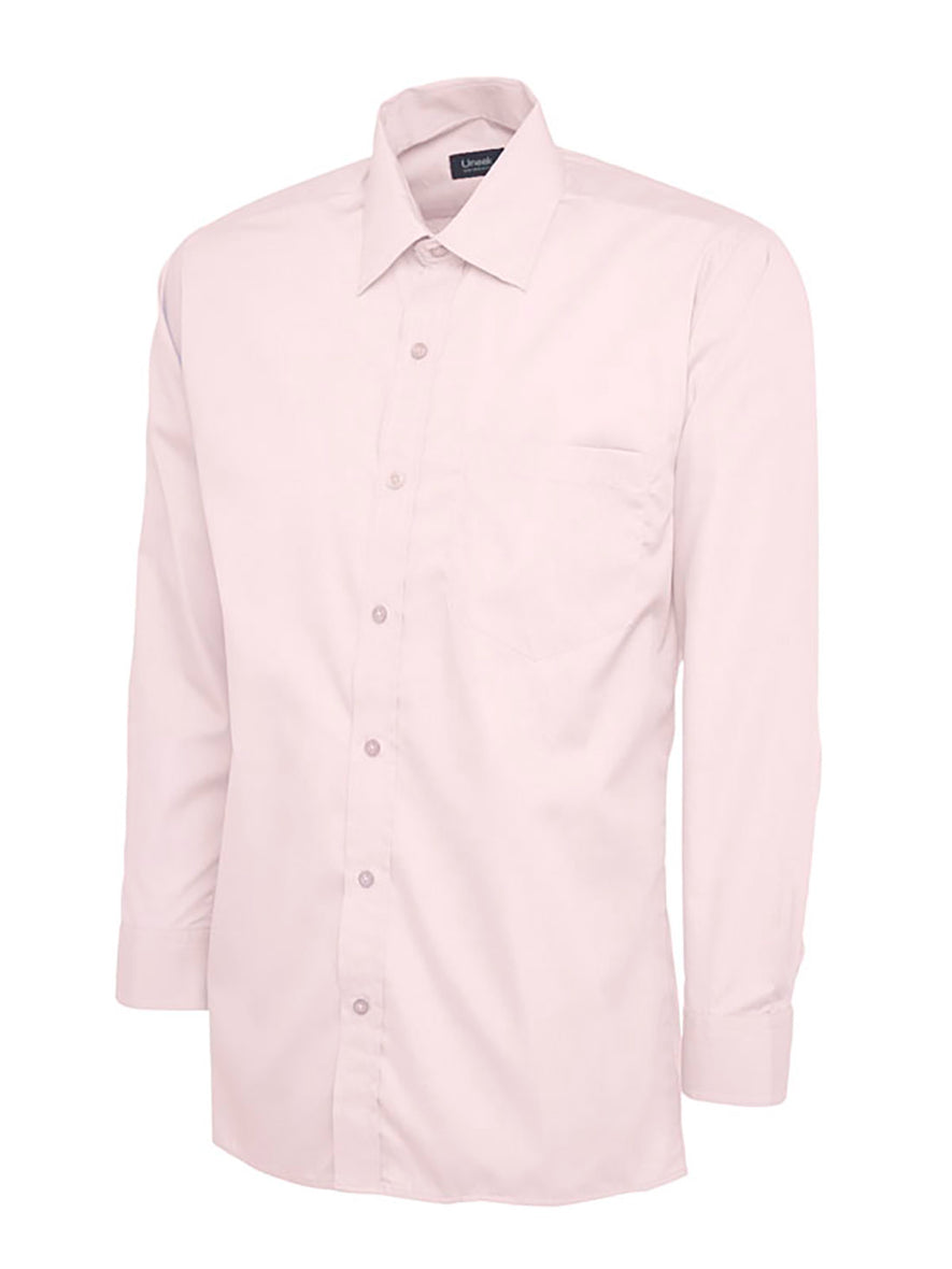 Uneek Clothing UC709 - Mens Poplin Full Long Sleeve Shirt in pink with collar, pocket on left chest and pink buttons down front.