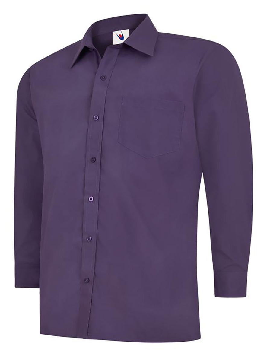 Uneek Clothing UC709 - Mens Poplin Full Long Sleeve Shirt in purple with collar, pocket on left chest and purple buttons down front.