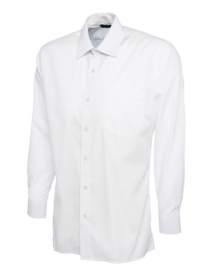 Uneek Clothing UC709 - Mens Poplin Full Long Sleeve Shirt in white with collar, pocket on left chest and white buttons down front.