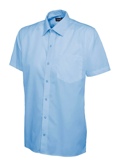 Uneek Clothing UC710 Mens Poplin Half Short Sleeve Shirt in light blue with collar, pocket on left chest and light blue buttons down front.