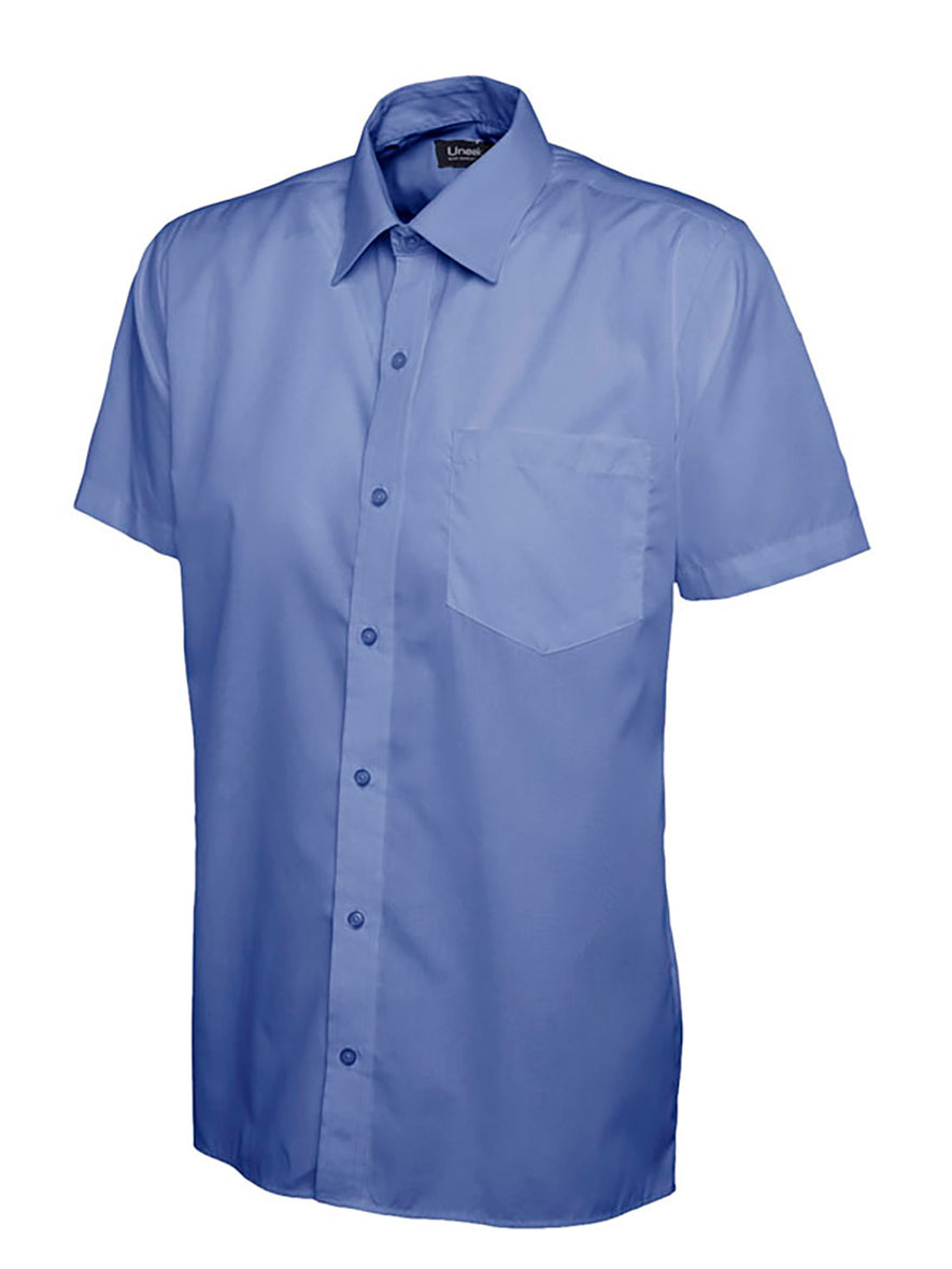 Uneek Clothing UC710 Mens Poplin Half Short Sleeve Shirt in mid blue with collar, pocket on left chest and mid blue buttons down front.