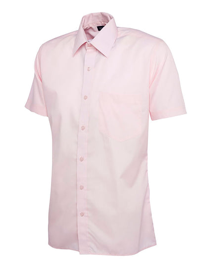 Uneek Clothing UC710 Mens Poplin Half Short Sleeve Shirt in pink with collar, pocket on left chest and pink buttons down front.