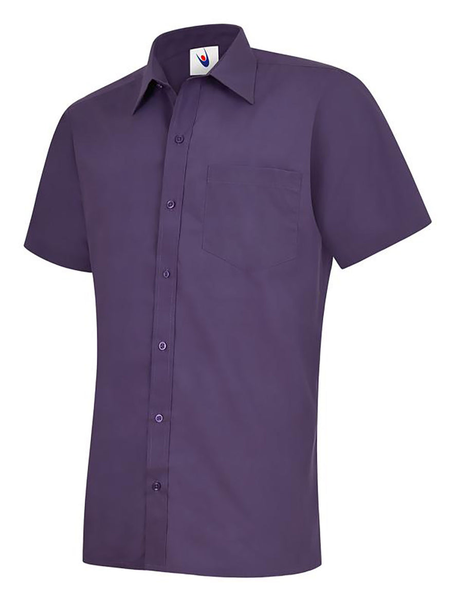 Uneek Clothing UC710 Mens Poplin Half Short Sleeve Shirt in purple with collar, pocket on left chest and purple buttons down front.