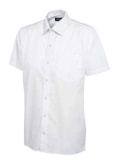 Uneek Clothing UC710 Mens Poplin Half Short Sleeve Shirt in white with collar, pocket on left chest and white buttons down front.