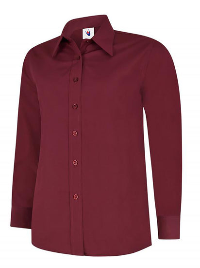 Uneek Clothing UC711 Ladies Poplin Full Long Sleeve Shirt in burgundy with collar and burgundy buttons down front.