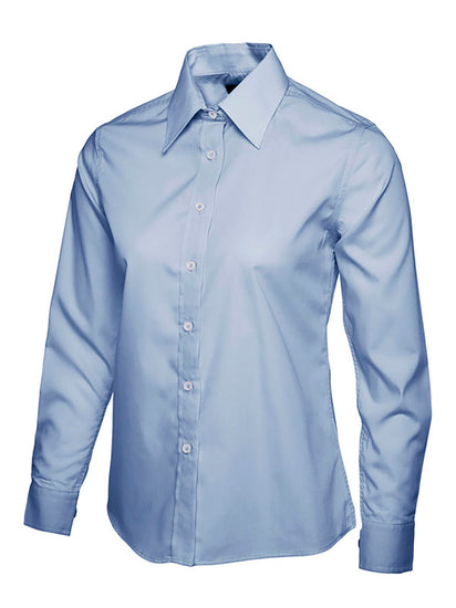 Uneek Clothing UC711 Ladies Poplin Full Long Sleeve Shirt in light blue with collar and light blue buttons down front.