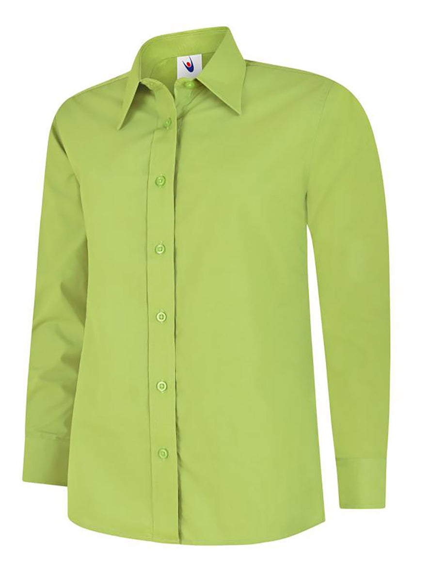 Uneek Clothing UC711 Ladies Poplin Full Long Sleeve Shirt in lime with collar and lime buttons down front.