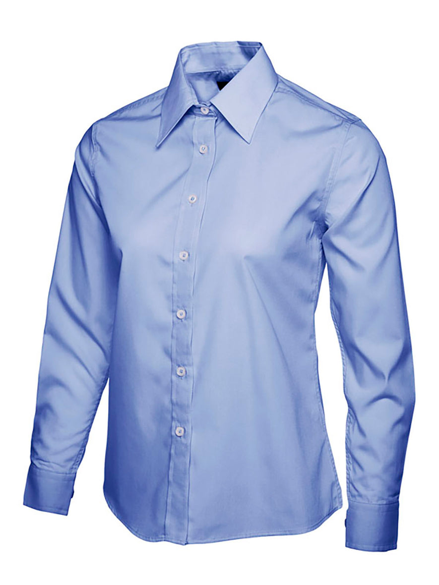 Uneek Clothing UC711 Ladies Poplin Full Long Sleeve Shirt in mid blue with collar and mid blue buttons down front.