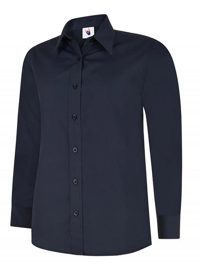 Uneek Clothing UC711 Ladies Poplin Full Long Sleeve Shirt in navy with collar and navy buttons down front.