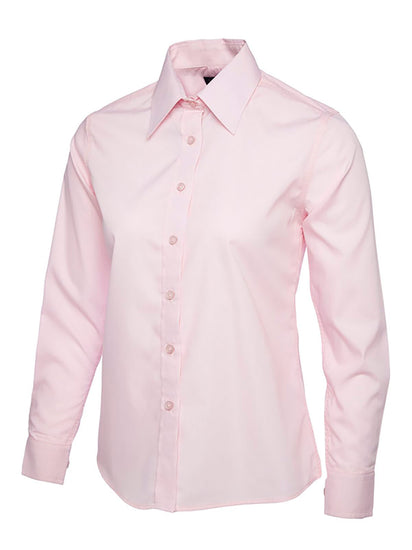 Uneek Clothing UC711 Ladies Poplin Full Long Sleeve Shirt in pink with collar and pink buttons down front.