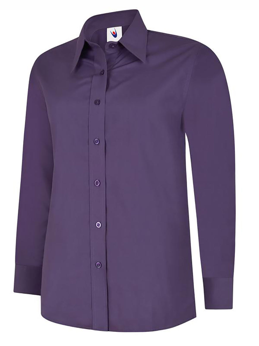 Uneek Clothing UC711 Ladies Poplin Full Long Sleeve Shirt in purple with collar and purple buttons down front.