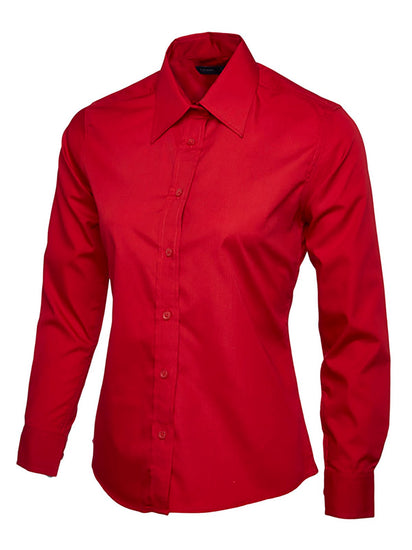 Uneek Clothing UC711 Ladies Poplin Full Long Sleeve Shirt in red with collar and red buttons down front.