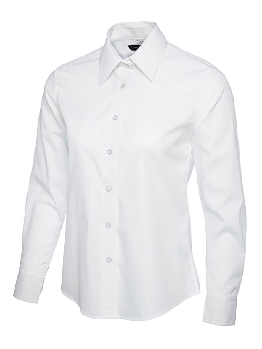 Uneek Clothing UC711 Ladies Poplin Full Long Sleeve Shirt in white with collar and white buttons down front.