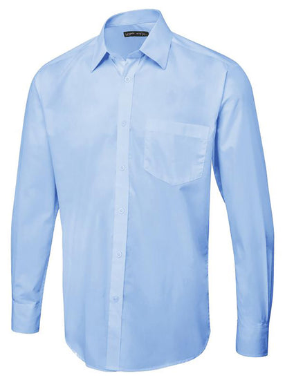 Uneek Clothing UC713 Men's Tailored Fit Long Sleeve Poplin Shirt in light blue with pocket on left chest, collar and light blue buttons down front.