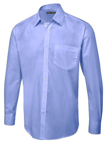 Uneek Clothing UC713 Men's Tailored Fit Long Sleeve Poplin Shirt in mid blue with pocket on left chest, collar and mid blue buttons down front.