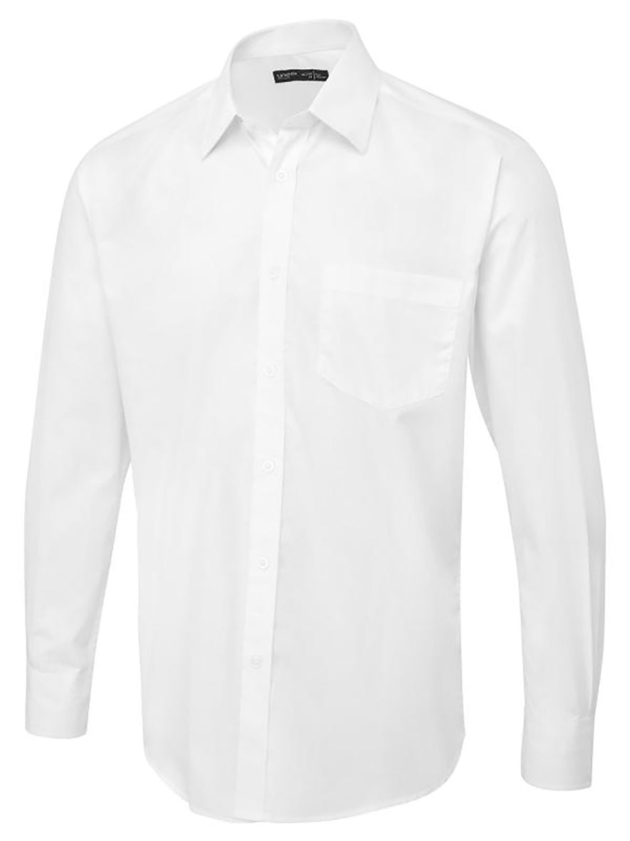 Uneek Clothing UC713 Men's Tailored Fit Long Sleeve Poplin Shirt in white with pocket on left chest, collar and white buttons down front.