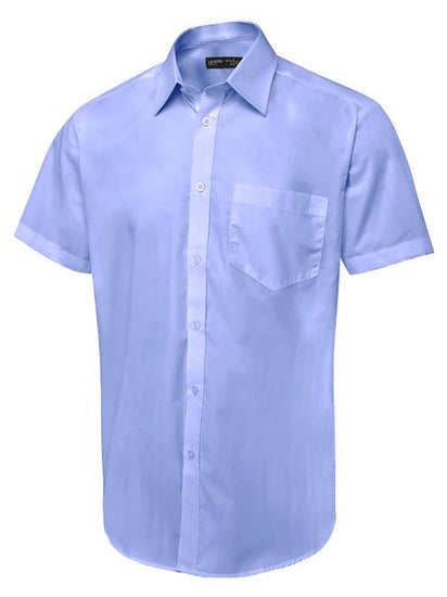 Uneek Clothing UC714 - Men's Tailored Fit Short Sleeve Poplin Shirt in mid blue with pocket on left chest, collar and mid blue buttons down front.