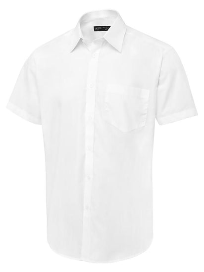 Uneek Clothing UC714 - Men's Tailored Fit Short Sleeve Poplin Shirt in white with pocket on left chest, collar and white buttons down front.