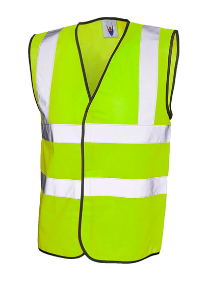 Uneek Clothing UC801 - Sleeveless Safety Waist Coat in yellow with black piping around edge and two strips of reflective tape across chest and one over each shoulder, velcro fastening.