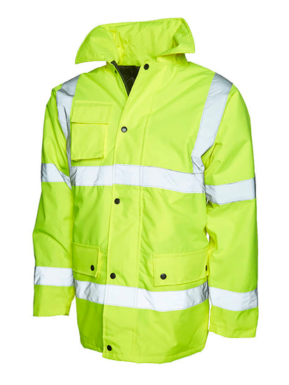 Uneek Clothing UC803 - Road Safety Jacket in yellow with two strips of reflective tape across chest and one over each shoulder and two strips on each arm, collar and full zip with flap and poppers. Pockets with flaps and poppers on right chest and two on lower front.