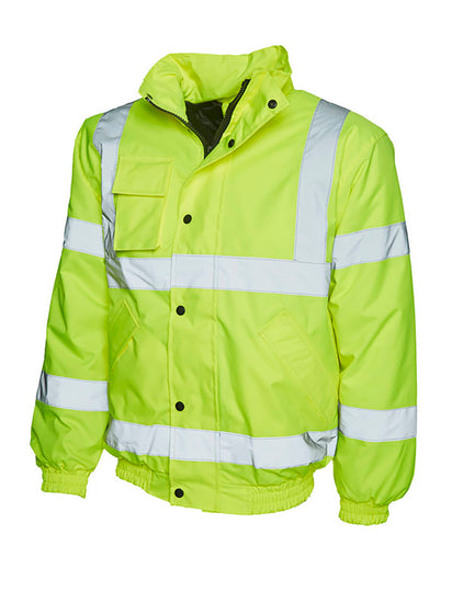 Uneek Clothing UC804 - High Visibility Bomber Jacket in yellow with two strips of reflective tape across chest and one over each shoulder and two strips on each arm, collar and full zip with flap and poppers, elasticated bottom of jackets and sleeves. Pockets with flaps on right chest and two on lower front.