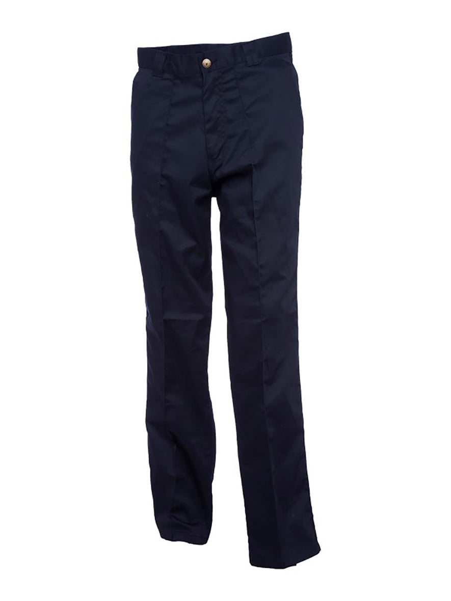 Uneek Clothing UC901 Workwear Trouser in navy with sewn in crease down front of leg, belt loops, button and zip fastening at waist and two side pockets.