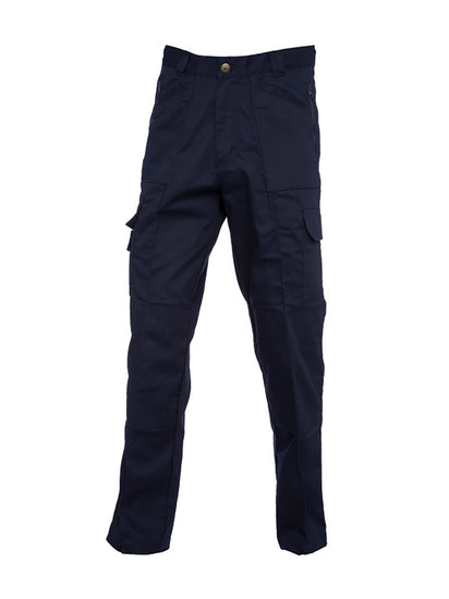 Uneek Clothing UC903 Action Trouser in navy with belt loops, button and zip fastening at waist, two side pockets with zips and two pockets on side of legs with flaps. Knee pad patches on both knees.