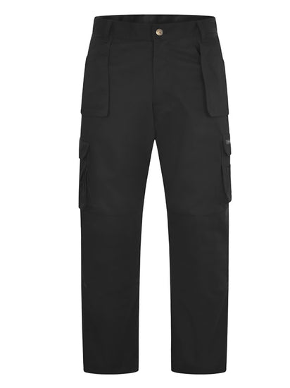 Uneek Clothing UC906 Super Pro Trouser in black with belt loops, button and zip fastening at waist, two side pockets with holster pockets and two pockets on side of legs with flaps. Knee pad patches on both knees