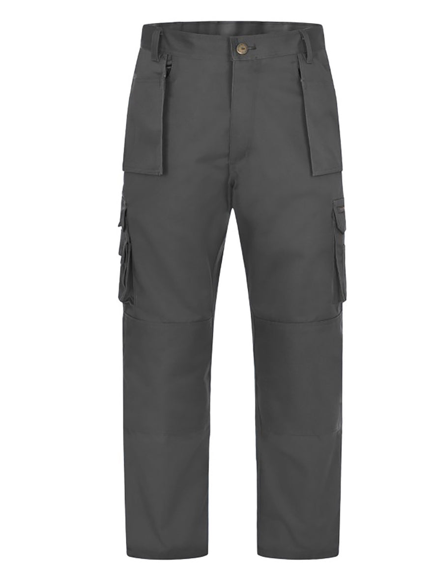 Uneek Clothing UC906 Super Pro Trouser in grey with belt loops, button and zip fastening at waist, two side pockets with holster pockets and two pockets on side of legs with flaps. Knee pad patches on both knees