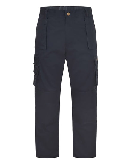 Uneek Clothing UC906 Super Pro Trouser in navy with belt loops, button and zip fastening at waist, two side pockets with holster pockets and two pockets on side of legs with flaps. Knee pad patches on both knees