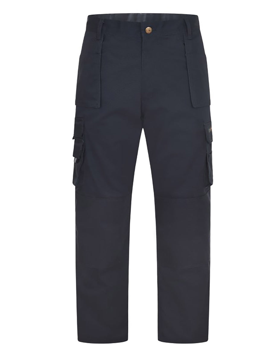 Uneek Clothing UC906 Super Pro Trouser in navy with belt loops, button and zip fastening at waist, two side pockets with holster pockets and two pockets on side of legs with flaps. Knee pad patches on both knees