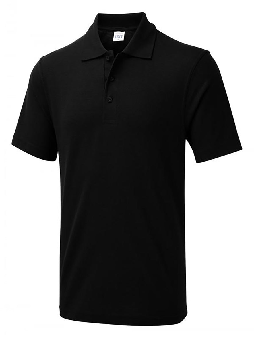 Uneek Clothing UX1 The UX Polo in black with short sleeves, collar and three button plackett.