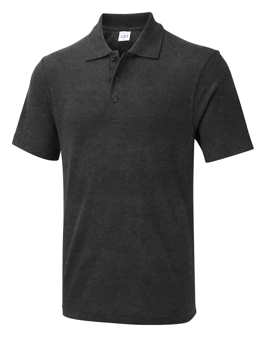 Uneek Clothing UX1 The UX Polo in charcoal with short sleeves, collar and three button plackett.