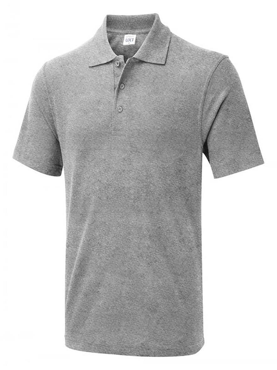 Uneek Clothing UX1 The UX Polo in heather grey with short sleeves, collar and three button plackett.