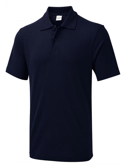 Uneek Clothing UX1 The UX Polo in navy with short sleeves, collar and three button plackett.